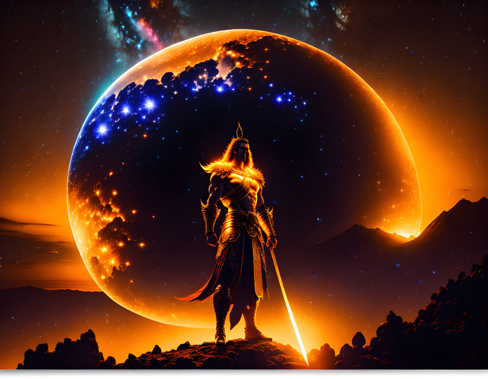 Armored warrior with glowing sword on rocky terrain under starry sky