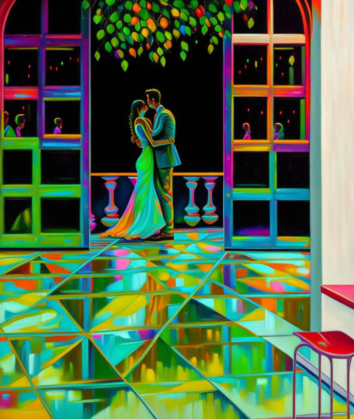 Couple embracing in colorful room with reflective floors