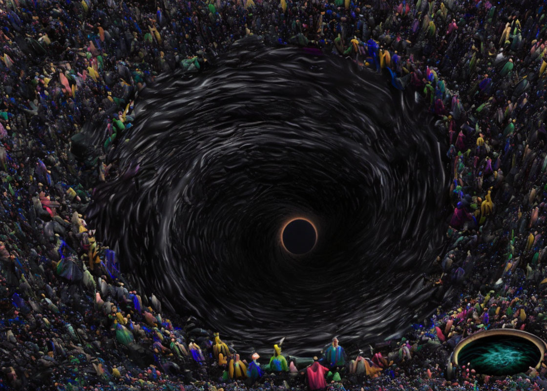 Digital art: Human figures around swirling vortex with eclipse.