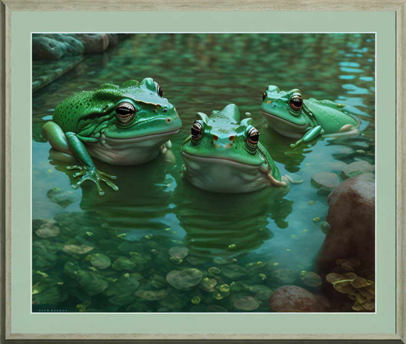 Realistic animated frogs in shallow water with rocks and foliage