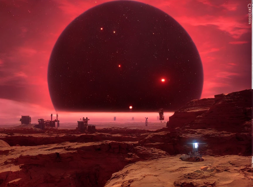 Rocky Sci-Fi Landscape Under Red Sky with Alien Planet and Moons