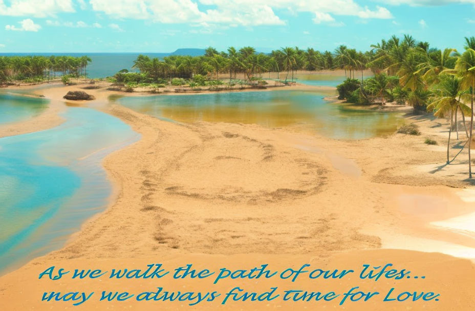 Tropical beach scene with palm trees, river, and love quote