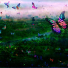 Colorful butterflies fluttering over lush wetland under purple sunset.