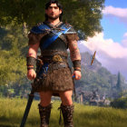 Animated warrior in blue tunic with sword in forest clearing