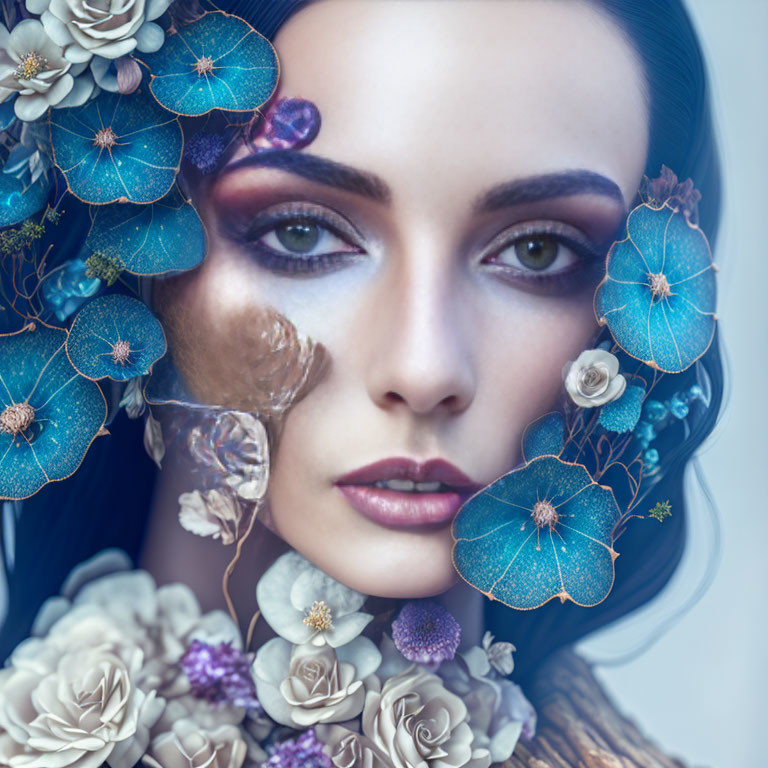 Detailed Close-Up of Woman with Dark Hair Among Fantasy Blue and White Flowers