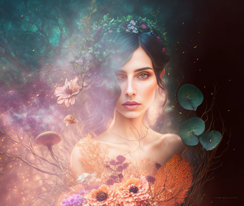 Portrait of a woman with flowers and branches, glowing aura, and butterfly.
