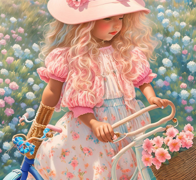 Curly-haired doll in floral dress and pink hat biking in flower field