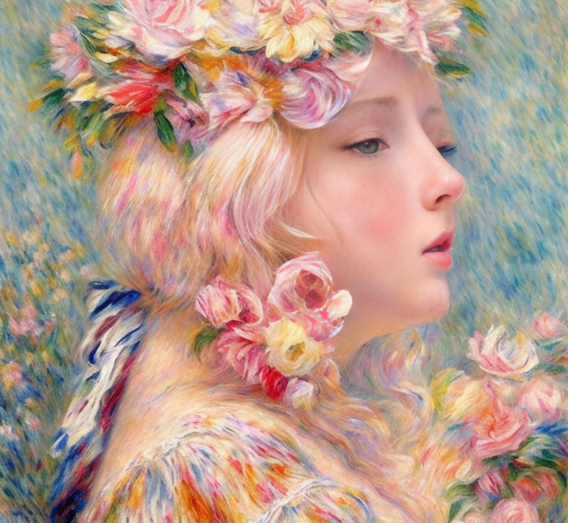 Young girl with floral wreath: Soft, pastel impressionistic painting
