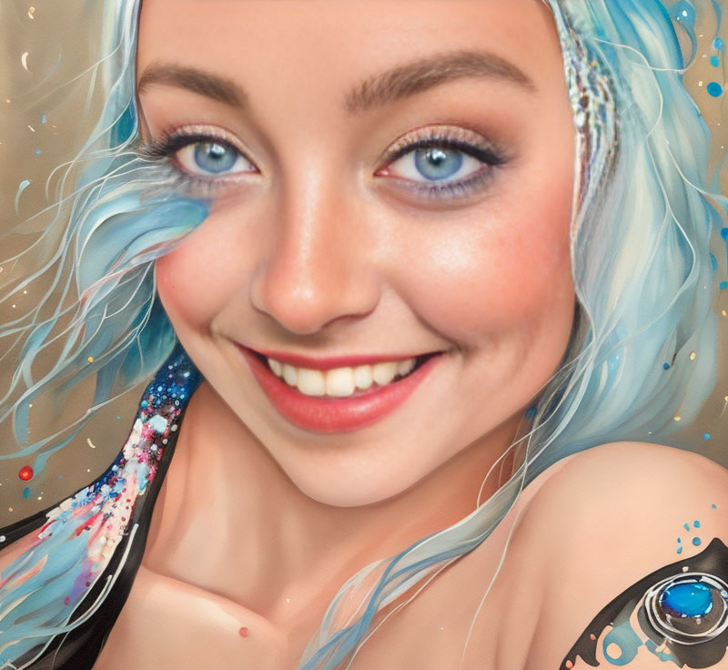 Smiling woman with blue hair and eyes in whimsical outfit