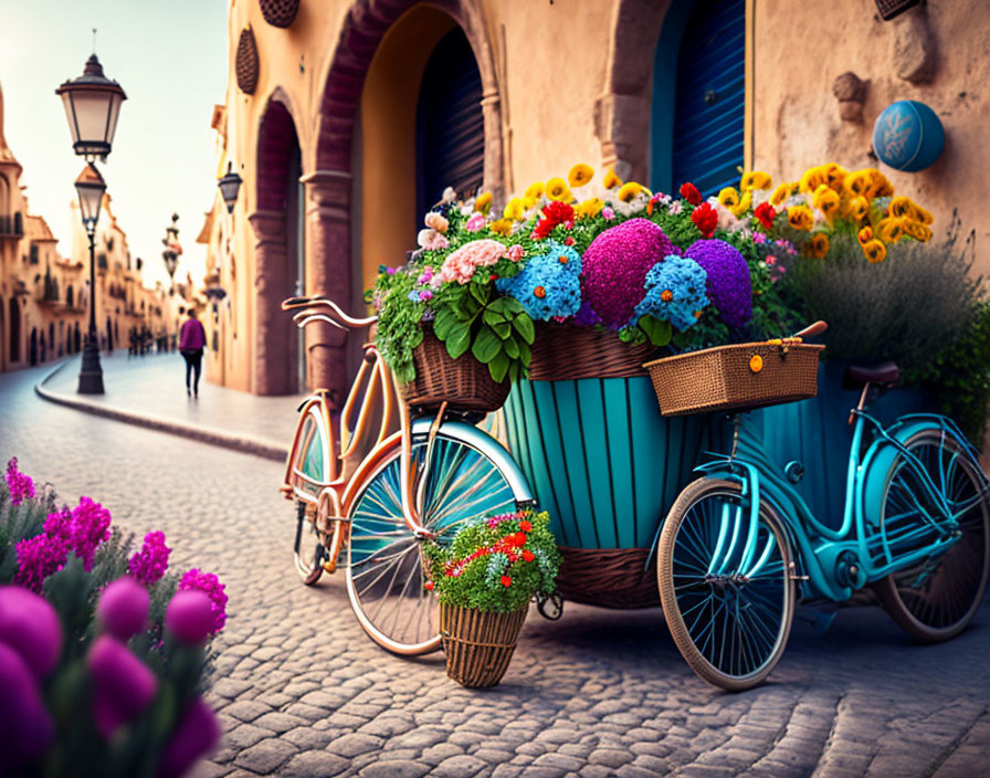 Vintage Blue Bicycle with Flower Baskets on Cobblestone Street