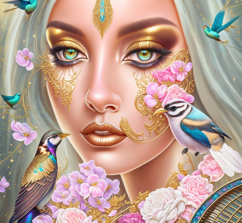 Elaborate golden makeup woman with hummingbirds and flowers in vibrant blue and gold hues