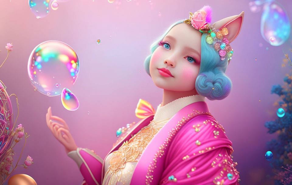 Ethereal girl with pastel blue hair and fox ear in magical setting