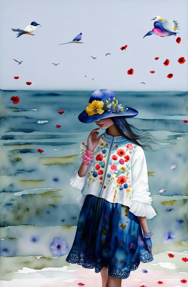 Surreal girl in floral dress with birds and petals on blue and white backdrop