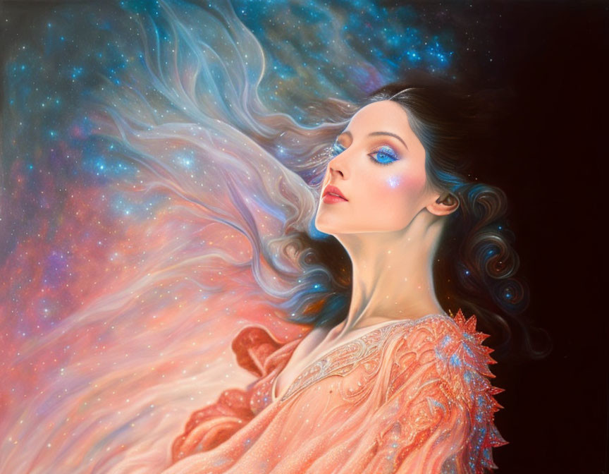 Surreal portrait: Woman with flowing hair merging into cosmic galaxy