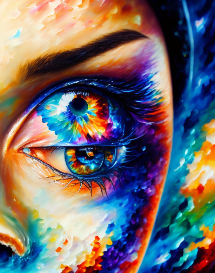 Colorful close-up painting of an eye with vibrant hues and intricate details.