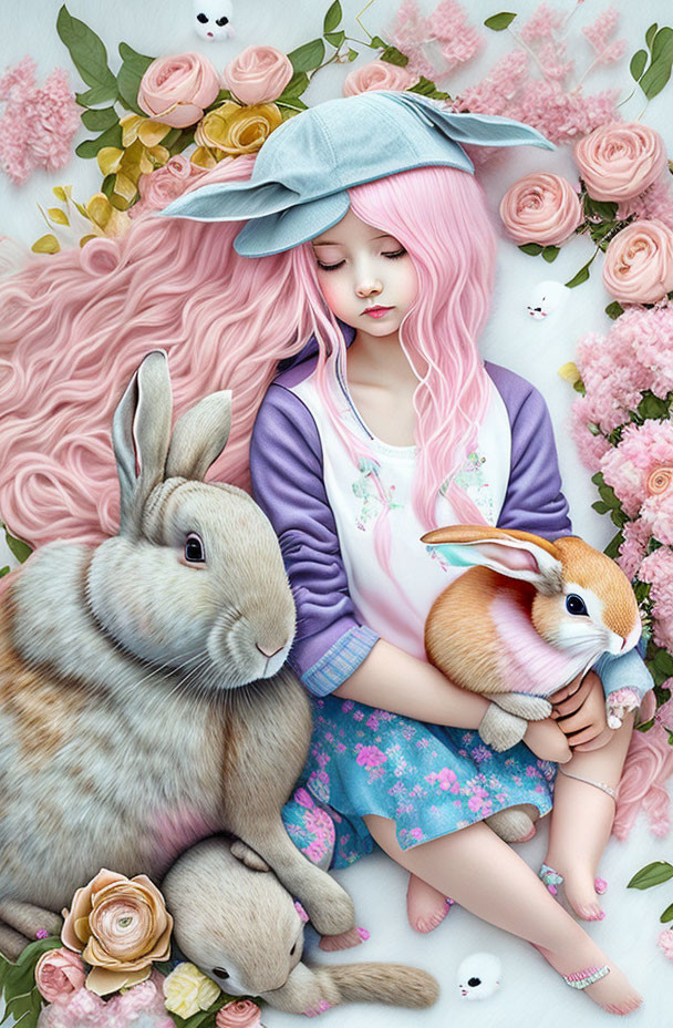 Pink-Haired Girl in Grey Hat with Flowers and Bunnies