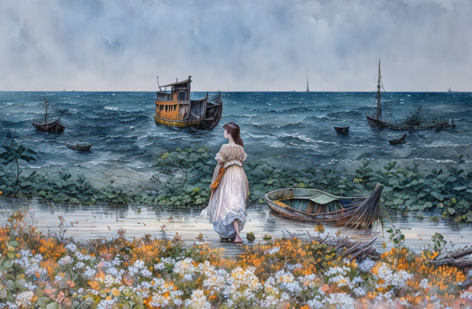 Vintage-dressed woman gazes at stormy sea with ships, surrounded by colorful flowers.