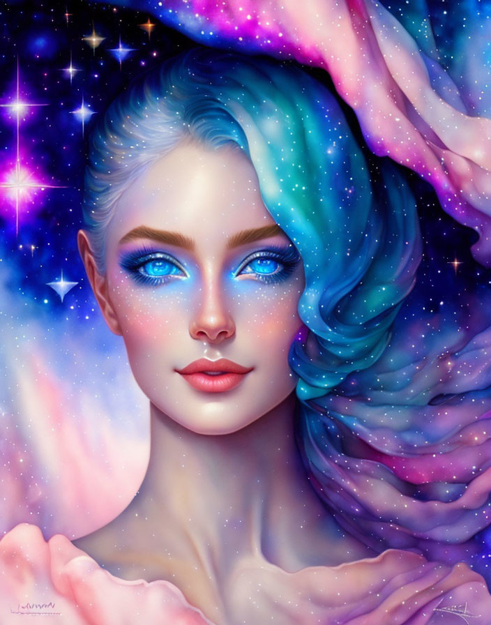 Digital artwork: Woman with blue eyes and hair in galaxy-themed background with stars and nebulae in