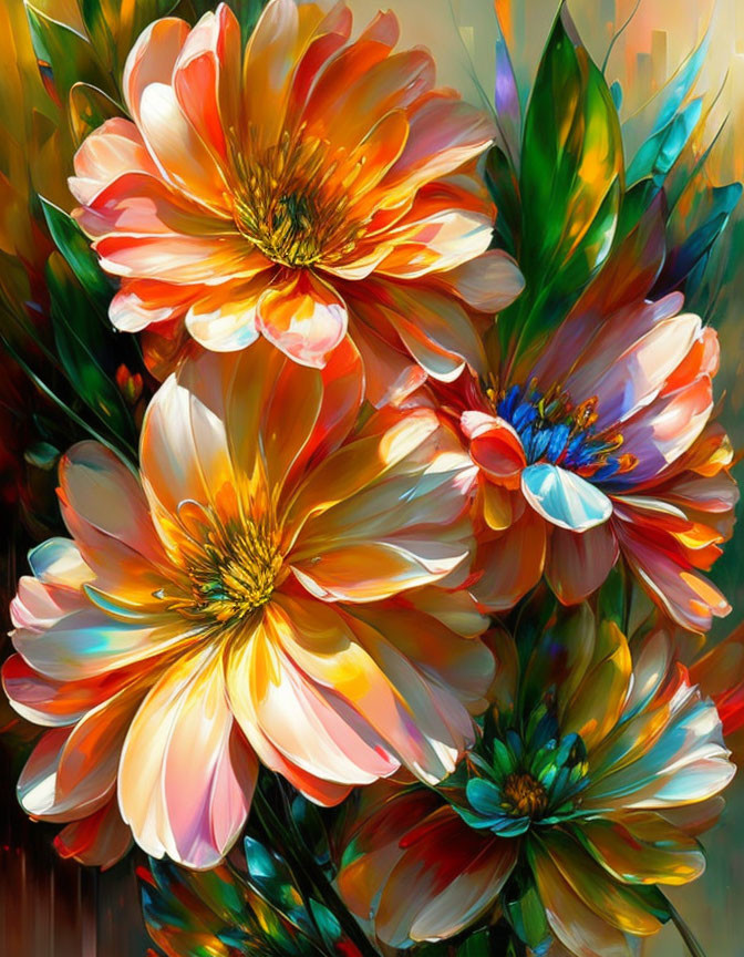 Colorful Digital Painting of Blooming Flowers in Orange, Yellow, and Blue