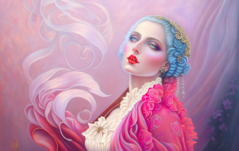Illustrated portrait of woman with blue curly hair and red lips against pastel backdrop