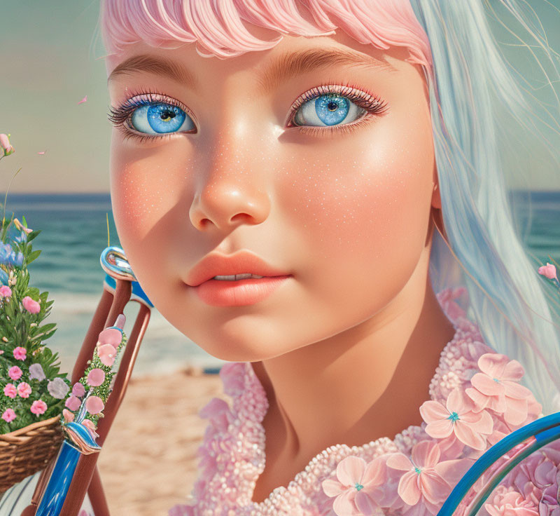 Digital Art: Girl with Blue Eyes, Pink Hair, and Freckles in Floral Outfit Holding