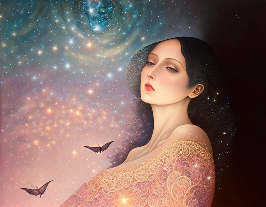 Illustrated woman with star-filled hair in cosmic background with galaxies and butterflies.
