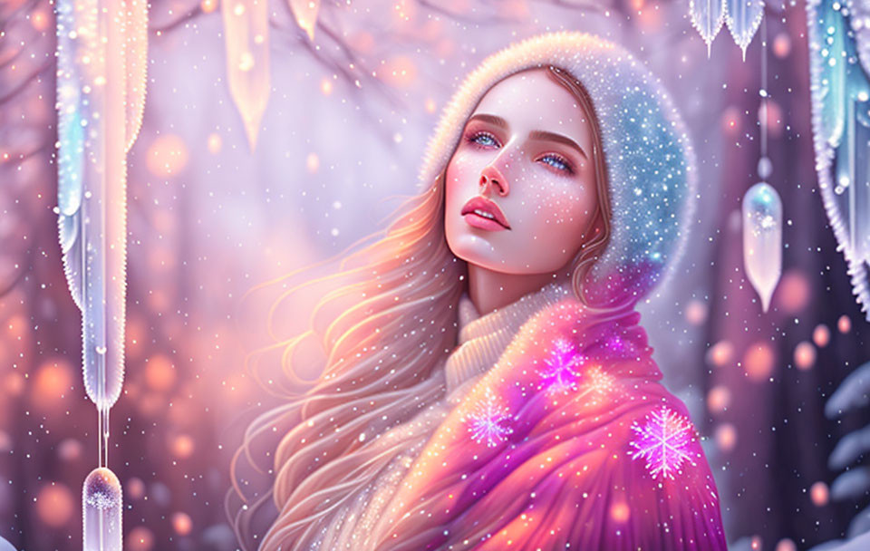Digital artwork: Woman with long hair in snowy landscape