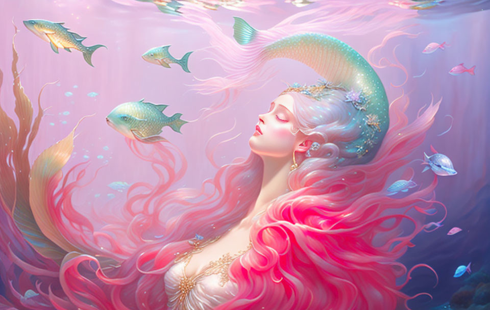 Illustration of woman with pink hair and mermaid tail in underwater scene