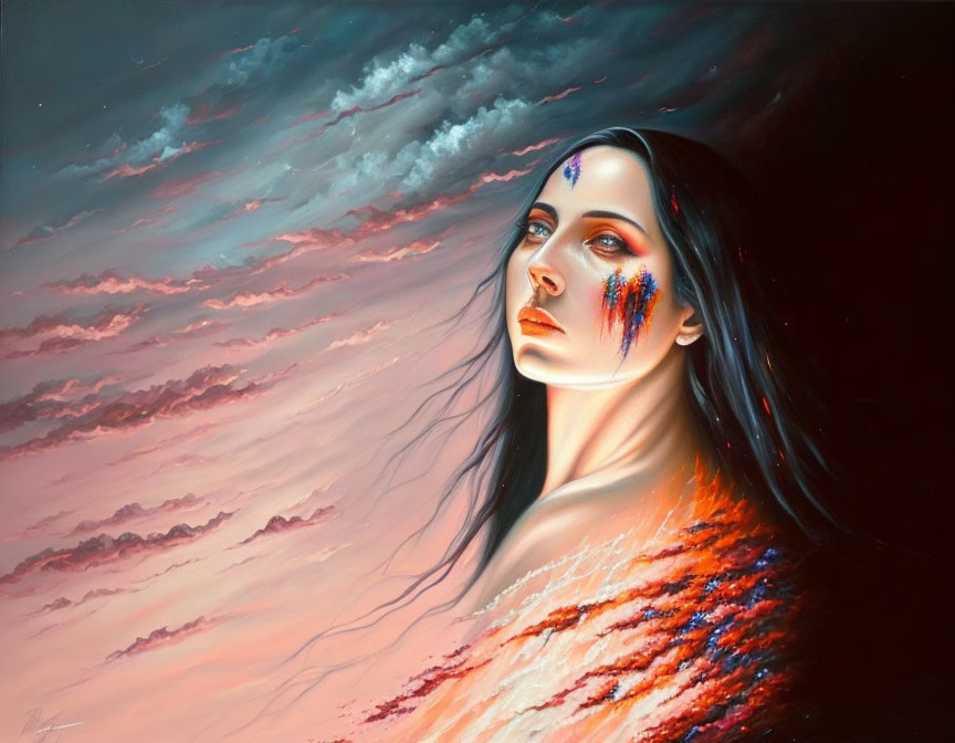 Surreal portrait of woman with sky-themed complexion