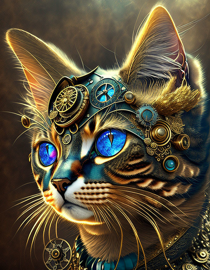 Steampunk-style cat digital art with blue eyes on textured brown background
