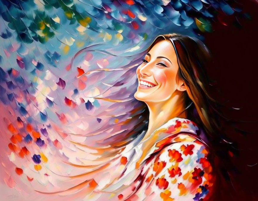 Colorful painting of smiling woman with flowing hair and floral garment on abstract background