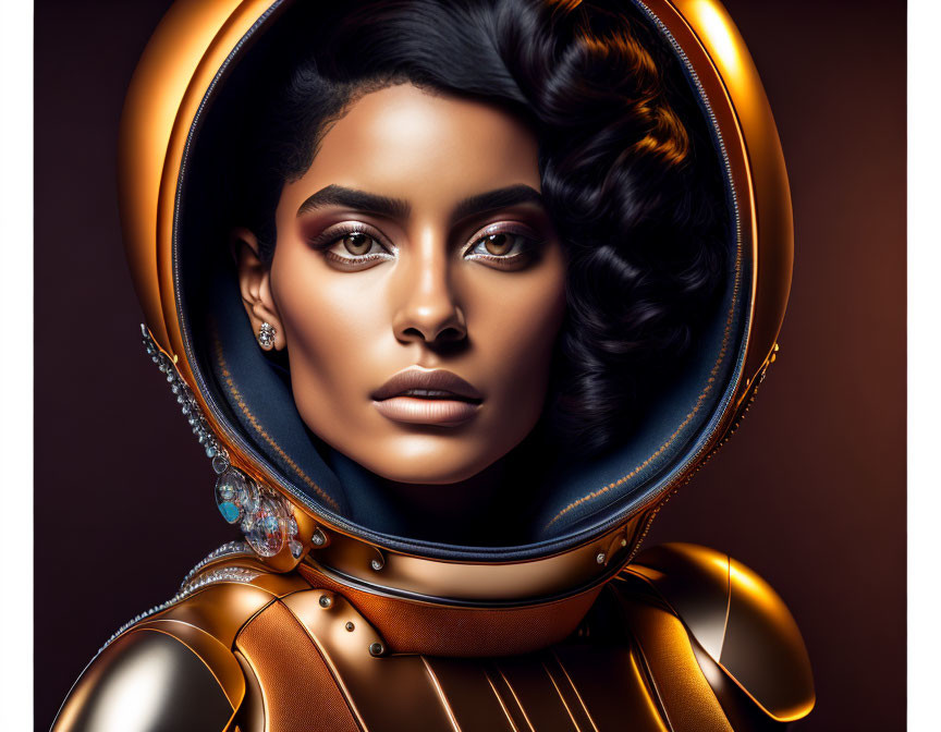 Beautiful woman in gold space suit