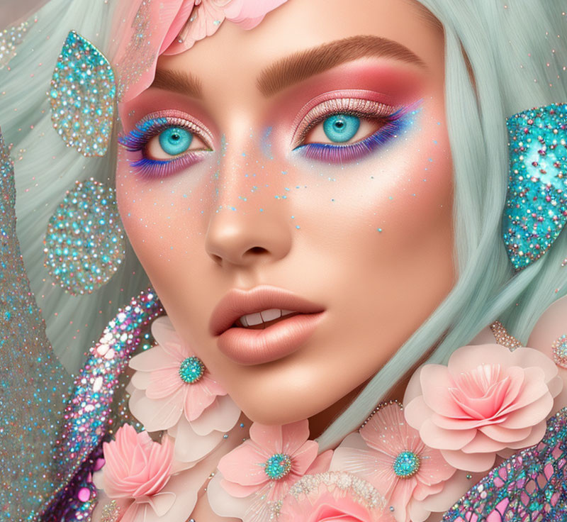 Portrait of Woman with Turquoise Hair and Pink Flowers, Blue Eyes, Vibrant Makeup