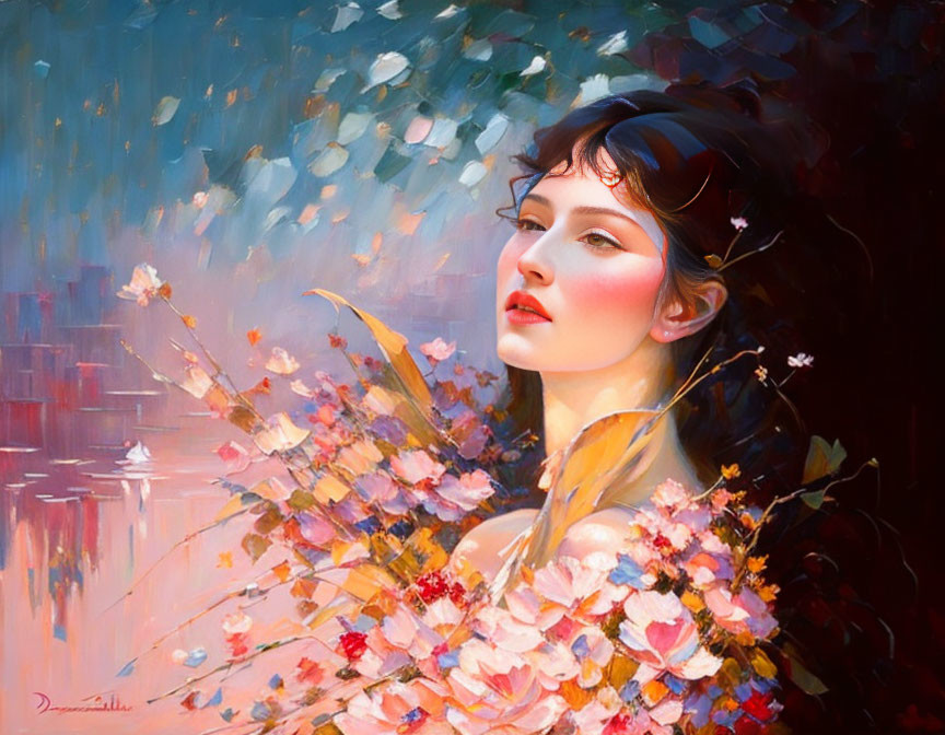 Woman portrait with floral elements and colorful, dreamy backdrop.