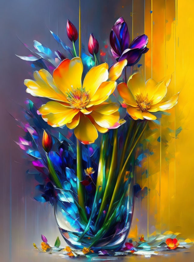 Colorful flowers in glass vase on textured background.