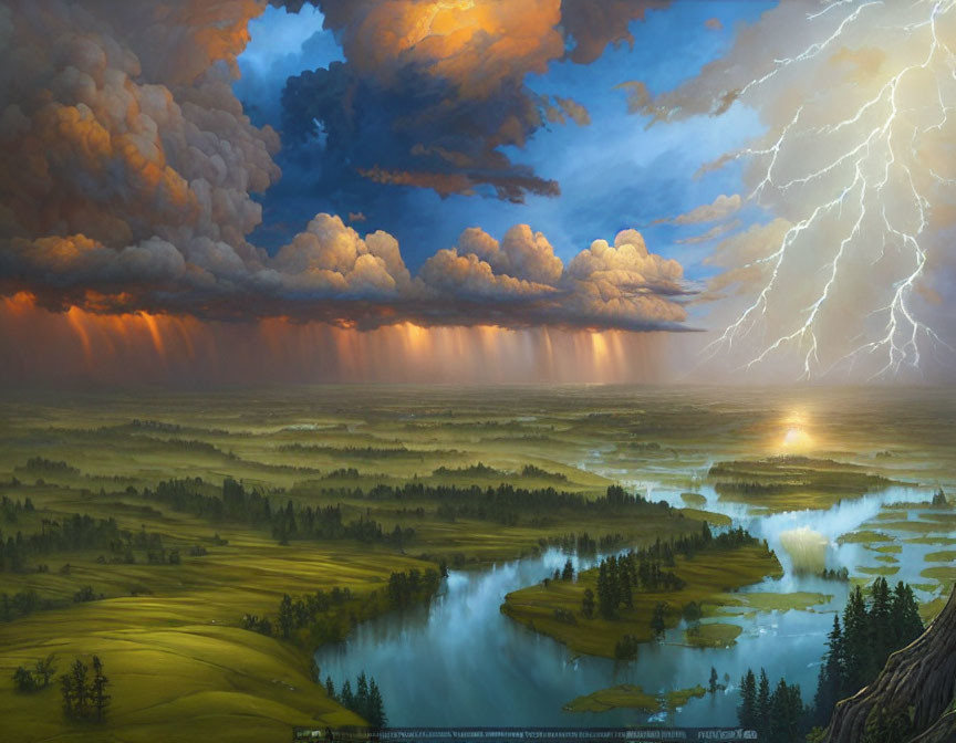 Dramatic landscape painting: thunderstorm over serene river valley