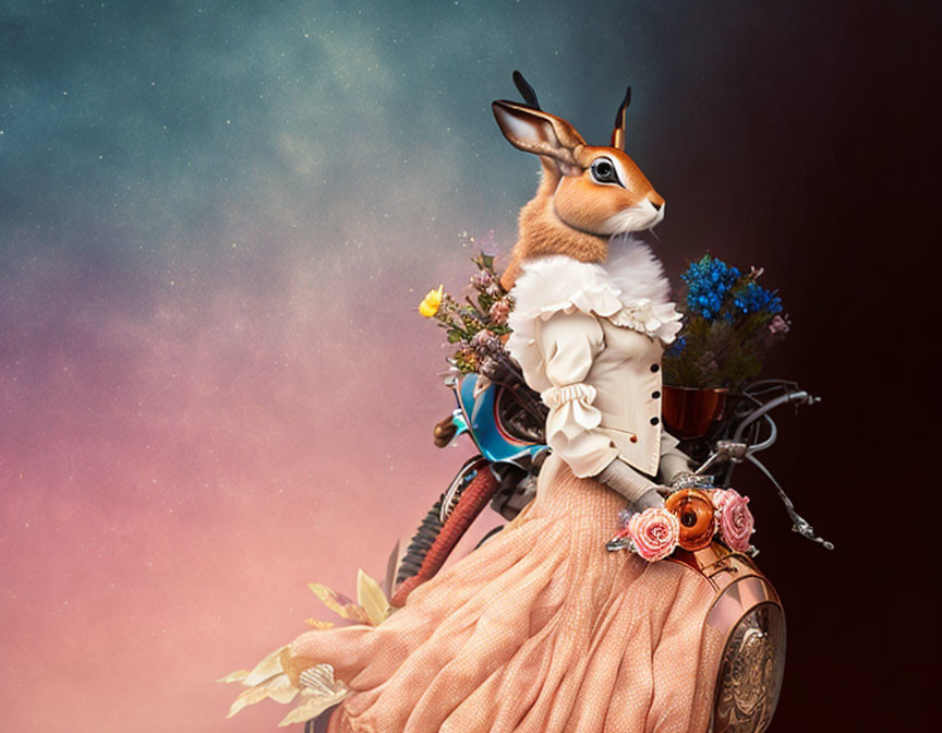 Whimsical rabbit in peach dress on starry backdrop