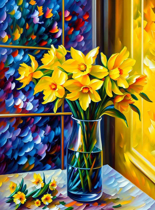 Colorful painting: Yellow daffodils in vase, flowers by window, loose petals