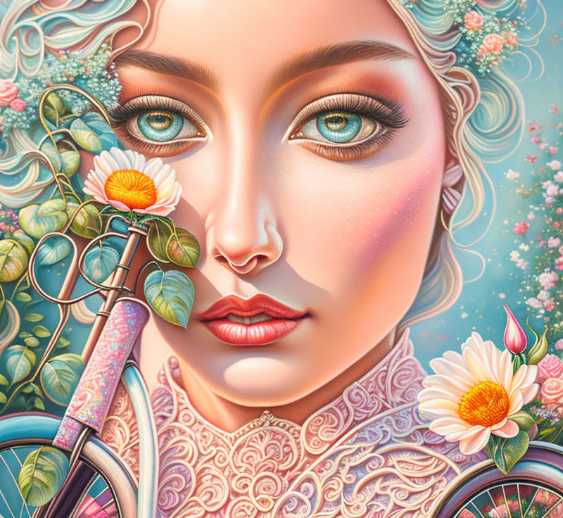 Intricate floral digital artwork of a serene woman's face