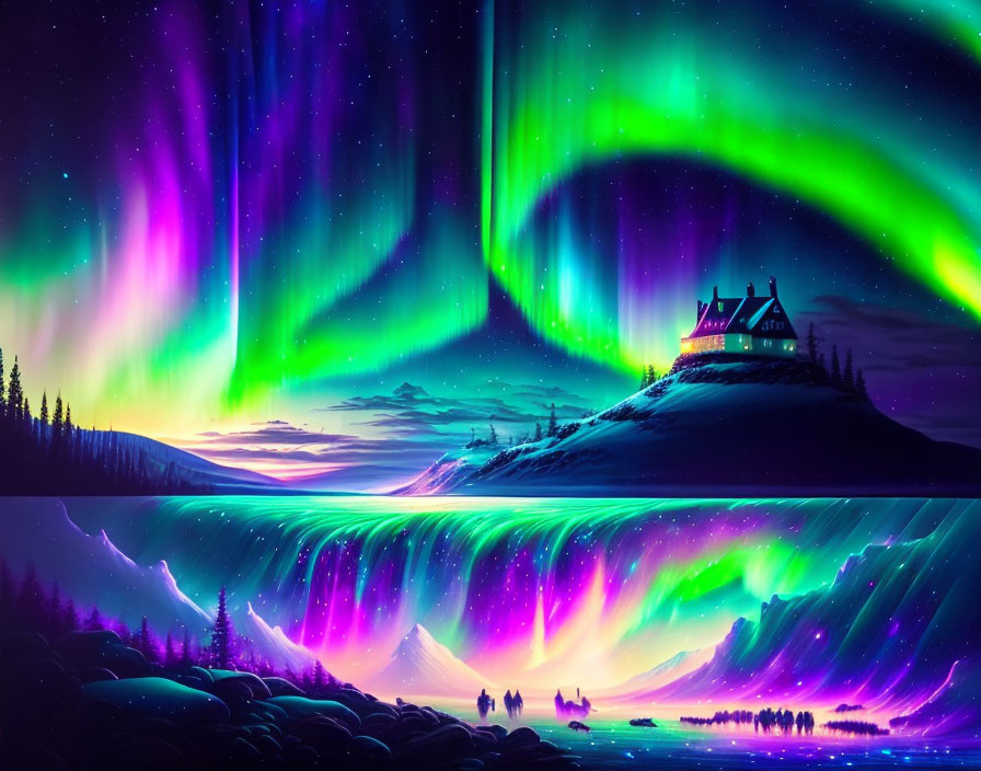 Colorful Aurora Borealis Over Snowy Landscape with Cabin and Silhouetted Figures