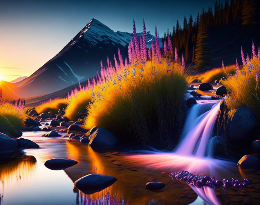 Tranquil stream with cascading water, purple flowers, and mountain backdrop