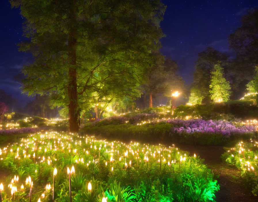 Enchanting nighttime garden with glowing flowers and lampposts