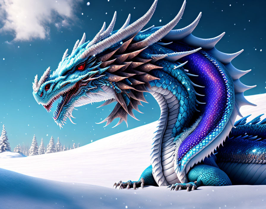 Blue dragon with spiky scales and red eyes in snowy landscape