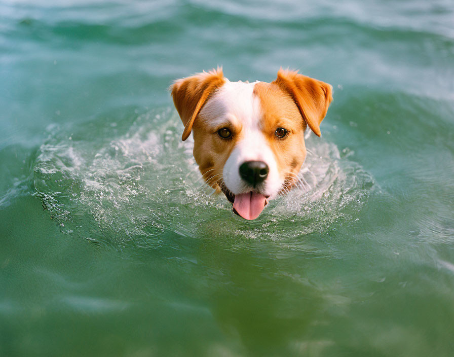 Brown and White Dog Swimming in Turquoise Blue Sea