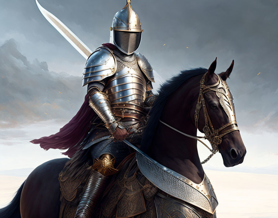 Medieval knight in shining armor on black horse with sword against cloudy sky