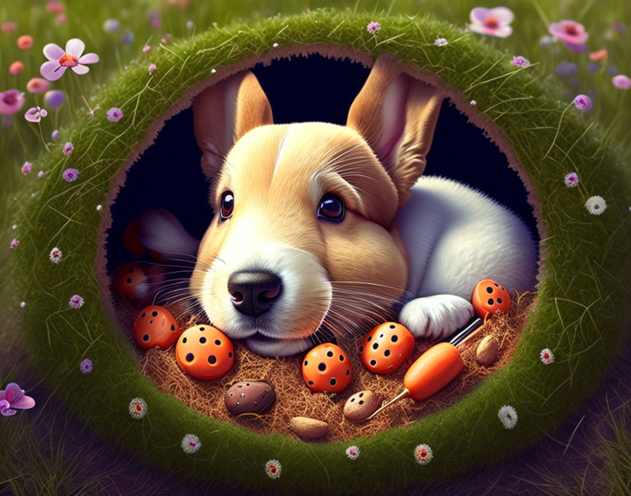 Cute Corgi Pup in Grass Burrow with Easter Eggs and Ladybugs