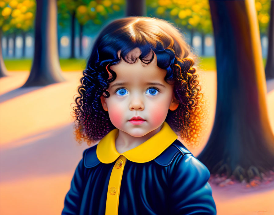 Digital portrait of young child with blue eyes & curly black hair in yellow-collared black coat against