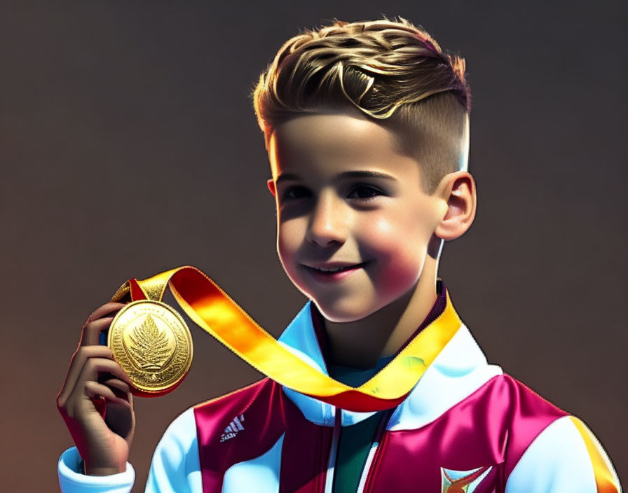 Young boy in sports jacket smiles with gold medal