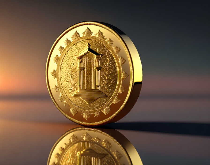 Intricately designed golden coin with pavilion emblem on glossy surface against blurred sunset.