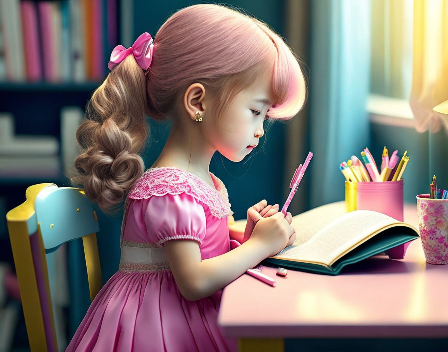 Young girl with pink hair writing at desk with colorful pencils